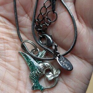 Vintage Cute Enameled Green Glittered Hummingbird Pendant Necklace